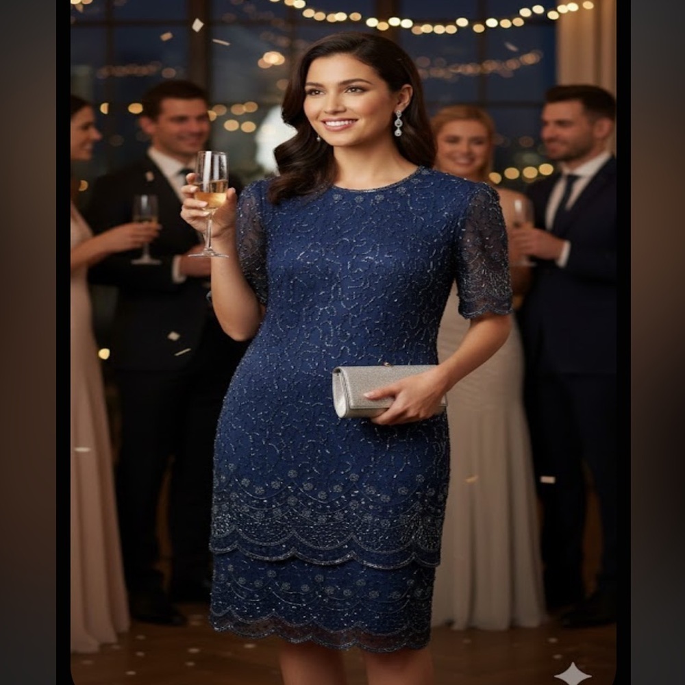 JKARA Navy 100% Silk Chiffon Beaded Sequins Scallop Sleeve And Layered Gown